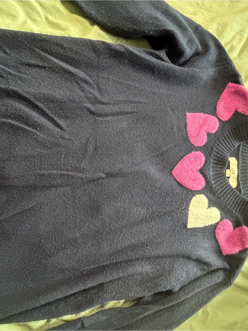 LOFT Black Crewneck Sweater with Pink and Cream Heart Motif